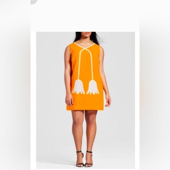☀️ NWT VICTORIA BECKHAM MOD 1960’s STYLE FLORAL YELLOW LONDON DRESS 2X orange - Picture 1 of 7